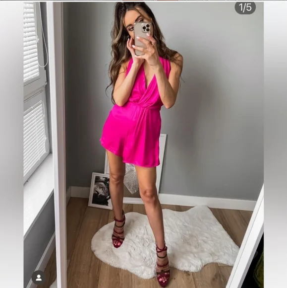 ZARA SATIN EFFECT SHORT JUMPSUIT ROMPER FUCHSIA Pink size L - Picture 4 of 12